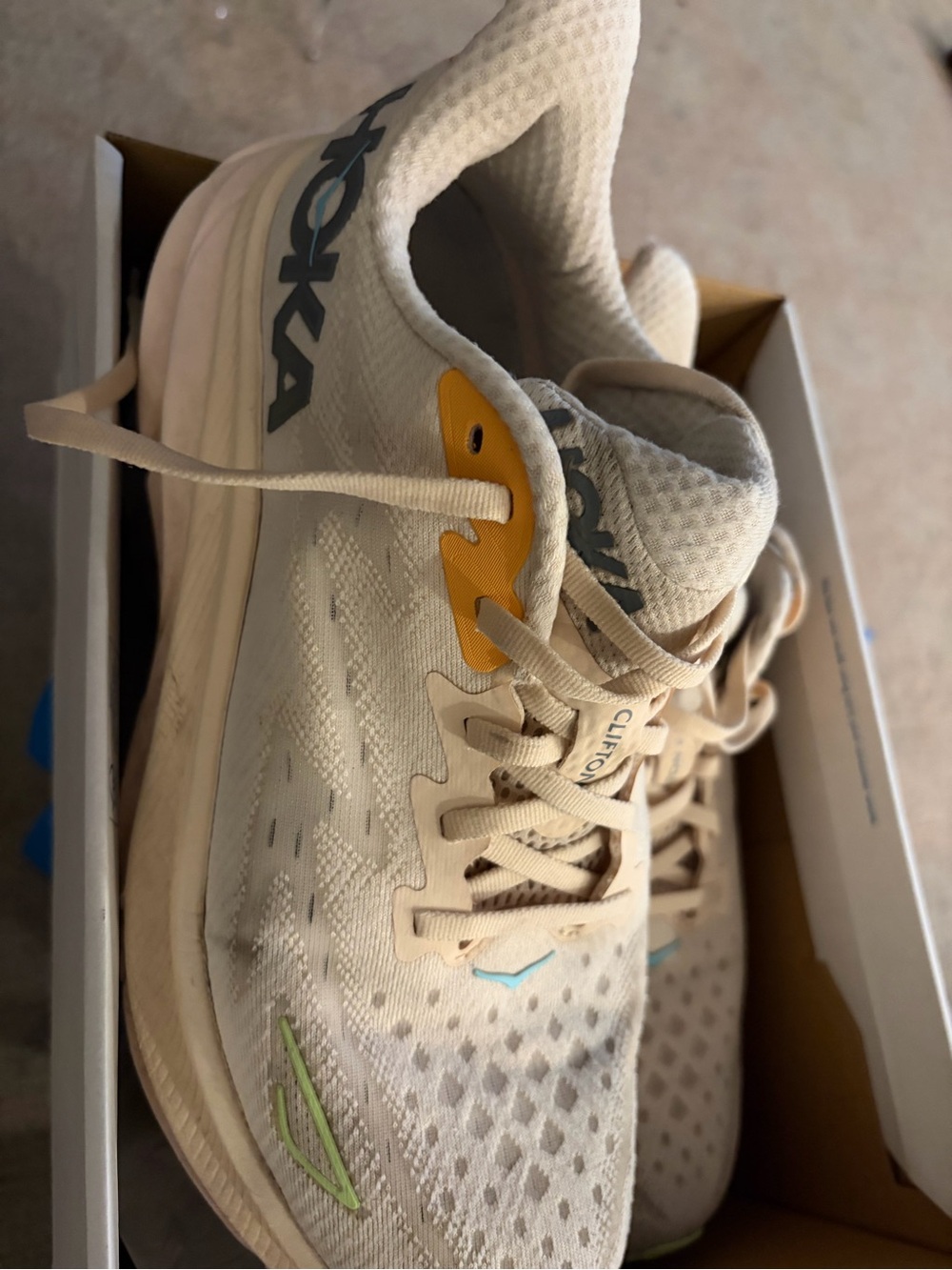 Hoka Neutral Beige Running Shoes with Yellow and Mint Accents